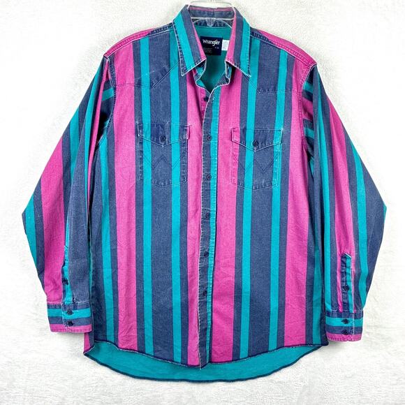 Wrangler Other - VTG Wrangler Brushpopper Shirt Men XL 17-35 Blue Pink Green Striped Cowboy USA
